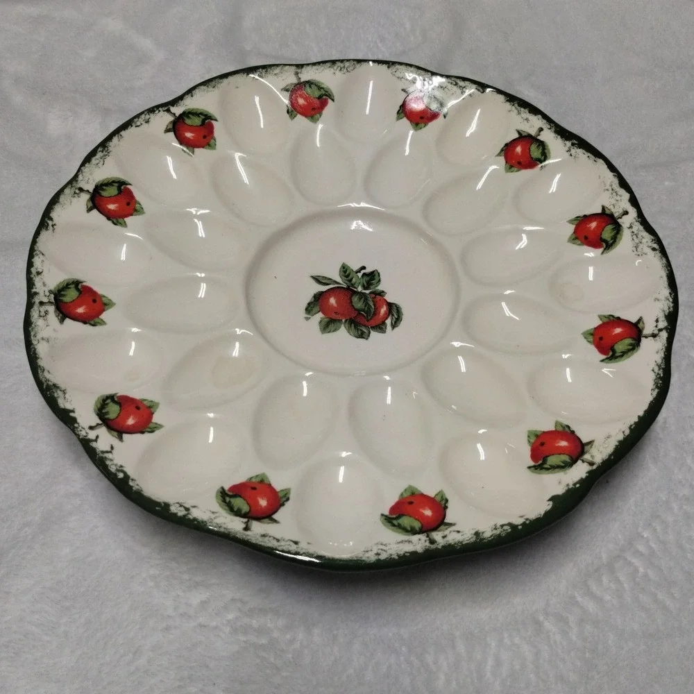 Ceramic Deviled Egg Platter Apple Country Farmhouse Serving Tray Holds 24 Eggs